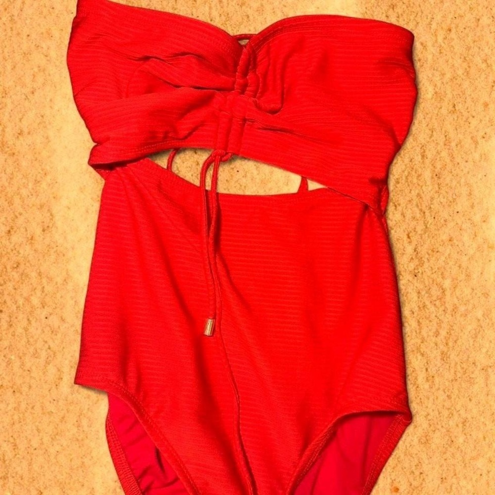 Time and Tru Red Ribbed Cutout One Piece‎ Swimsuit Small 4-6 Bandeau Tie Back